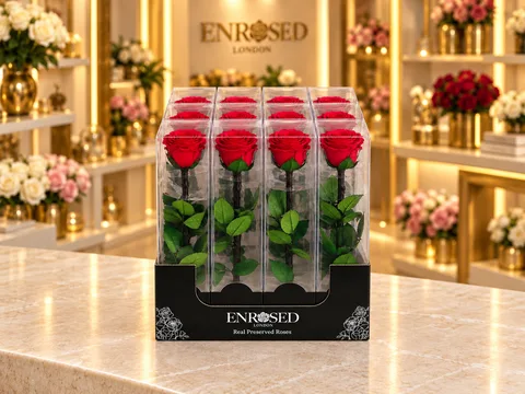 12 rosas preservadas de tallo extralargo en cajas individuales con expositor — 12 rosas preservadas de tallo extralargo en cajas individuales con expositor · Rojo