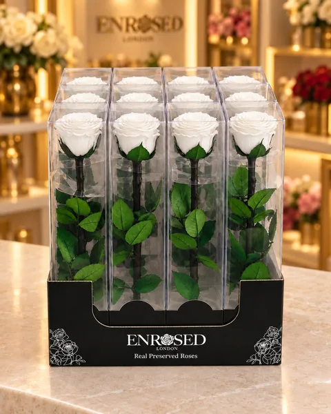 12 rosas preservadas de tallo extralargo en cajas individuales con expositor — 12 rosas preservadas de tallo extralargo en cajas individuales con expositor · Blanco