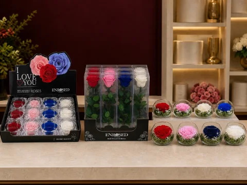 Displays — Complete retail displays with individually packed preserved roses, ready for immediate shop-floor placement.