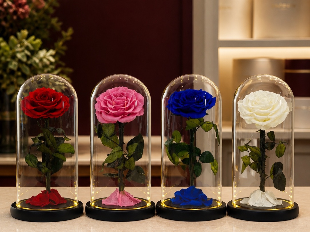 Preserved roses in red, pink, blue and white under glass domes