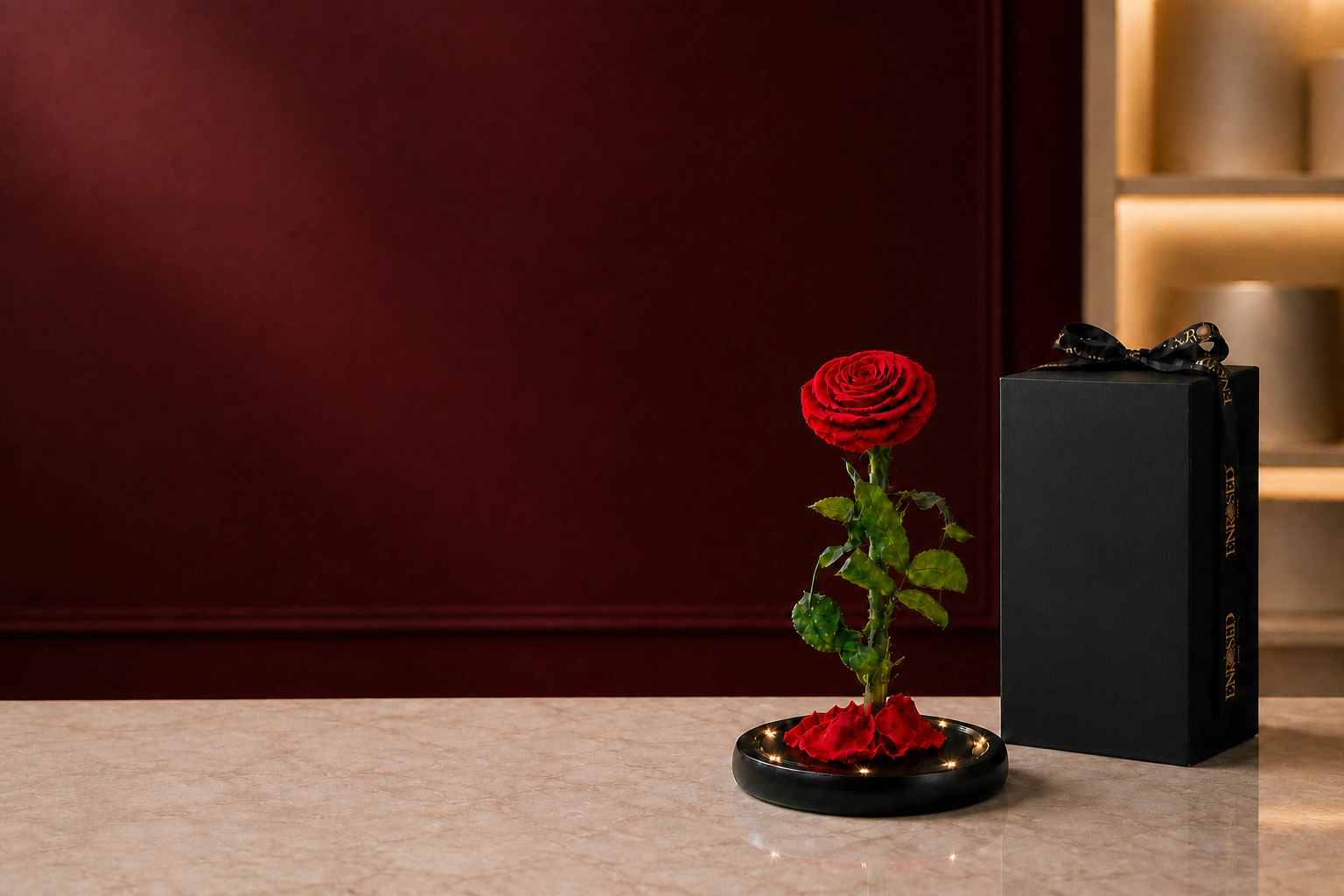 A single deep-red preserved rose displayed under a glass dome