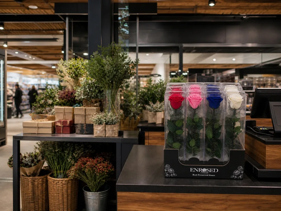 12 Preserved Stem Roses with Display — Supermarkets