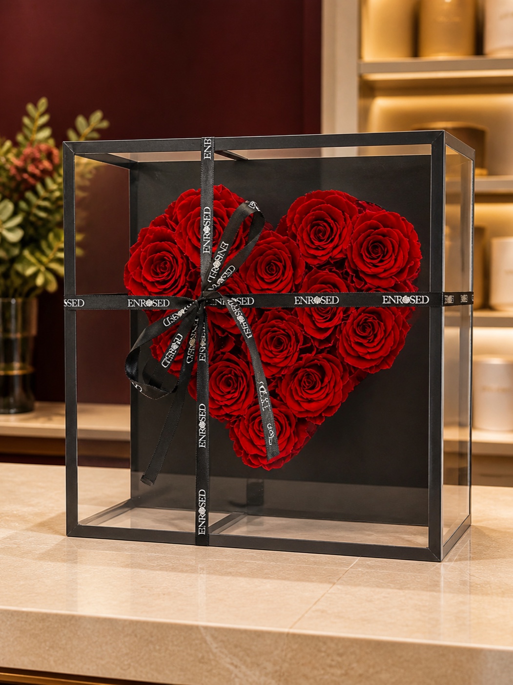 Glass flowerbox with a heart of red preserved roses